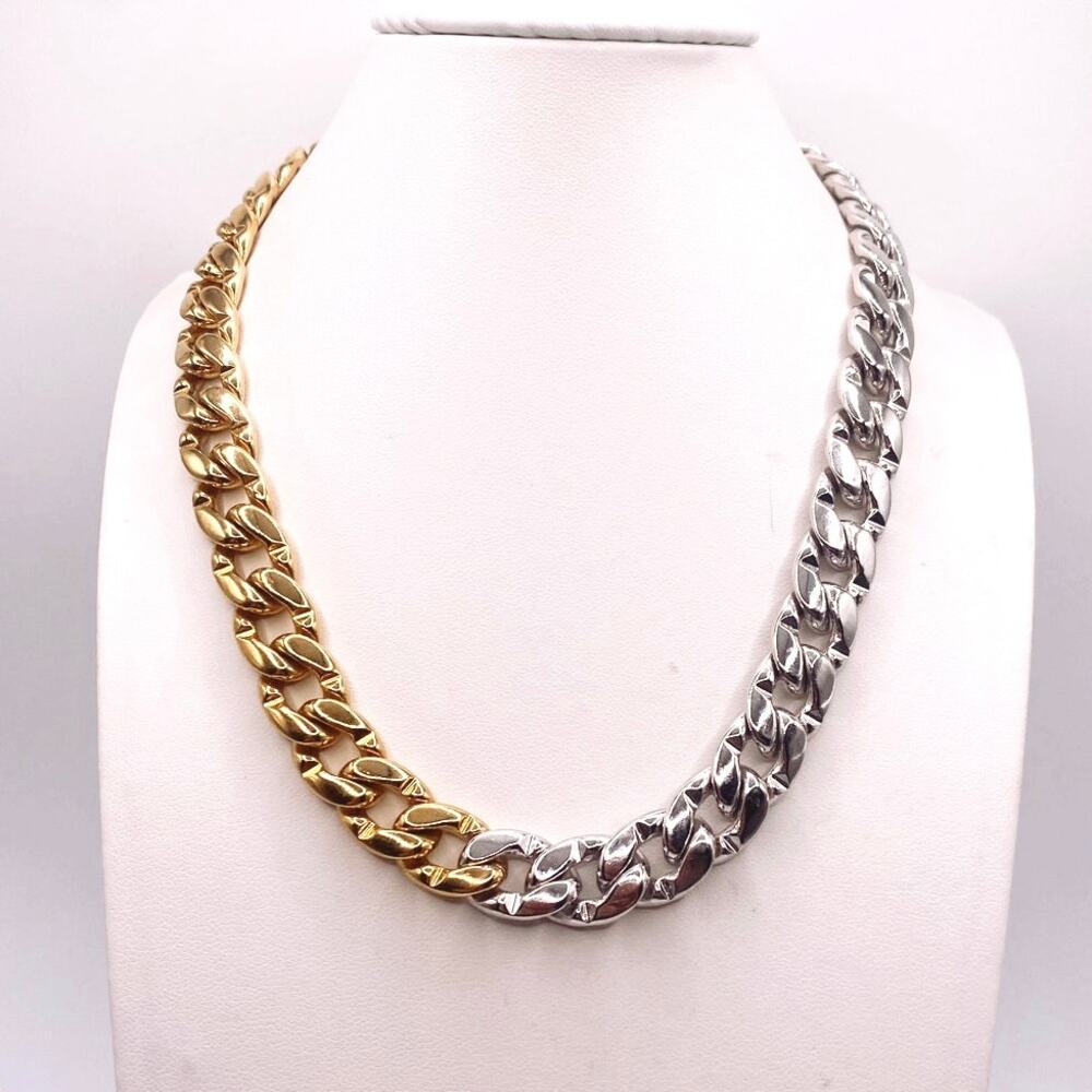 Vintage Two Metal Tone Cuban Link Necklace 14”